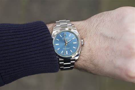 rolex milgauss blue on wrist.